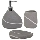 MSV Bad Accessoires Polyresin 3-teilig - Seifenspender, Seifenschale, Zahnputzbecher Stone Grau