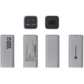 forcell GaN Tischladegerät 2 x Typ C + 2 x USB A PD QC4.0 SFC2.0 5A 100W Grau | Gr.: onesize