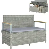 Outsunny Gartenbank Polyrattan 170L 2-Sitzer Sitzbank mit Stauraum abnehmbar Kissen Reißverschluss-Innenauskleidung Akazienholz-Armlehnen, Wetterfest Truhenbank für Werkzeuge Sitzkissen Hellgrau