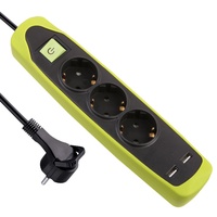 Electraline 62152 Gummy-Line Steckdosenleiste 3-Fach mit Schalter + 2 USB 2.1A, Kabel 2m / Mehrfachsteckdose/Tischsteckdose Steckerleiste, Extra Flacher Stecker, grün