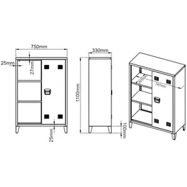 [en.casa] Metallschrank Oripää 110x75x33 cm Schwarz