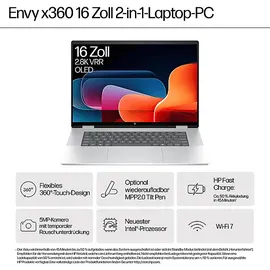 HP ENVY x360 16-ac0377ng OLED, Convertible, mit 16 Zoll Display Touchscreen, Intel® CoreTM Ultra 7 155U Prozessor, GB RAM, 1 TB SSD, Onboard Graphics, Gletschersilber, Windows 11 Home (64 Bit)