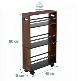 Relaxdays Nischenwagen, HBT: 80x15x45 cm, schmales Nischenregal Bad & Küche, 4 Ablagen, Rollregal Griffe, schwarz-braun