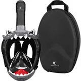 Khroom Schnorchelmaske Kinder 3-10 Jahre | TÜV geprüft & CO2 sicher | Vollgesichtsmaske/Tauchmaske Kinder ganzes Gesicht | Tauchermaske mit Soft-Case (Hai Schwarz+Case)