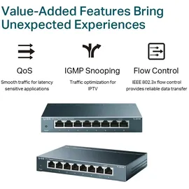 TP-Link TL-SG108 8-Port Gigabit Switch (Plug-and-Play, 8* RJ-45 LAN Ports, Metallgehäuse, IGMP-Snooping, unmanaged, lüfterlos) blau metallic