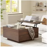 FABATO Couchtisch eckig, höhenverstellbar mit verstecktem Staufach, Landhaus-Design (1-St), mit einem sanften Hebe-Mechanismus, nussbaum braun