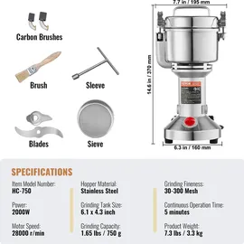 Vevor elektrische Getreidemühle tragbare Hochgeschwindigkeits-Gewürzmühlen kommerziell 750 g 2000 W, Pulverisierer aus Edelstahl, 28000 U/min für trockene Körner Gewürze Müsli Kaffee Mais Pfeffer