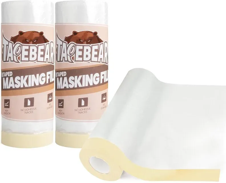 TAPEBEAR Vorgeklebtes Maskierband 5 Fuß x 90 Fuß (1400 mm x 27 m), Kunststoffabdeckung zum Streichen, Abkleben und Abdecken, Kunststofffolie für Automotive, Boden, Haushaltsgeräte und Möbel, 3 Rollen