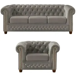 S-Style Chesterfield Polestergarnitur 3+1 Cleo Blink ¦ grau ¦ Maße (cm): B: 203 H: 72
