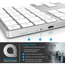 Aplic Bluetooth Numpad - Wireless Ziffernblock mit Multifunktionstasten – Keypad Aluminium - 35 Tasten – Bluetooth 3.0 – Kabellos