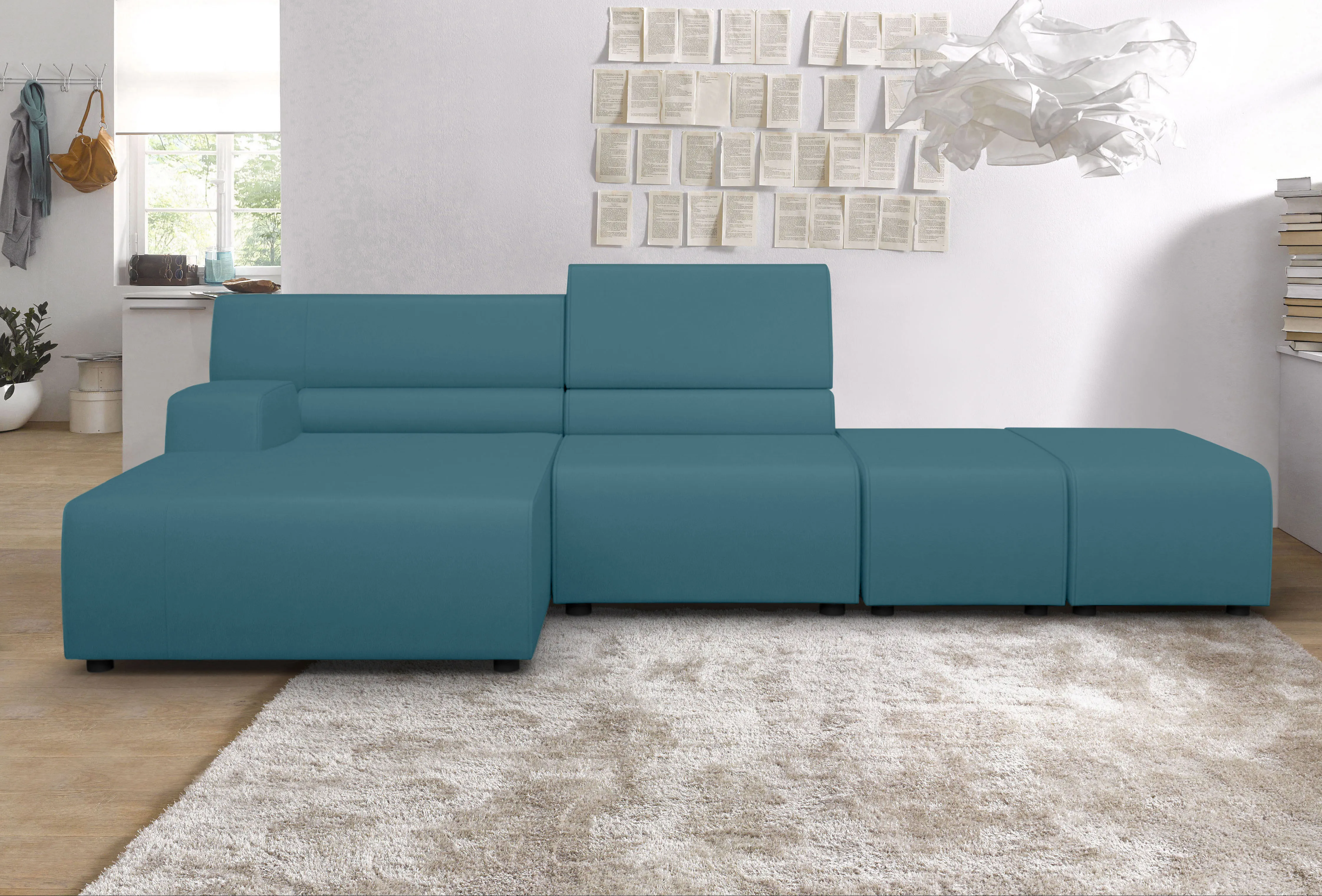 Ecksofa EGOITALIANO "Babouche, Designsofa mit außergewöhnlichem Sitzkomfort zum Wohlfühlen" Sofas Gr. B/T: 384 cm x 98 cm, Leder CAREZZA, Recamiere links, blau (türkis)