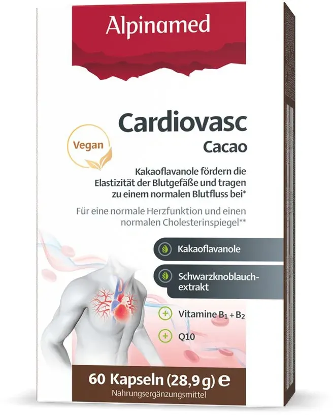 Alpinamed® Cardiovasc Cacao unterstützt Herz und Gefäße mit Kakaoextrakt, Schwarzknoblauchextrakt und Coenzym Q10, vegan