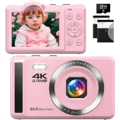 Digitalkamera, 4K 64MP Digitalkamera mit 32 GB TF-Karte, Autofokus Fotoapparat mit 16X Digitalzoom tragbare Kompaktkamera für Kinder Anfänger, Rosa - Rosa