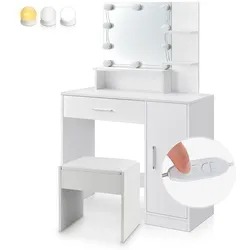 Juskys Schminktisch Zoey mit LED & bequemen Hocker Melly - Spiegel, Schrank & Schublade - Weiß