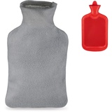 Relaxdays Wärmflasche mit Bezug, Flauschige Kuschelwärmeflasche, 1,5l Bettflasche, geruchsneutraler Naturgummi, grau/rot, 1 Stück