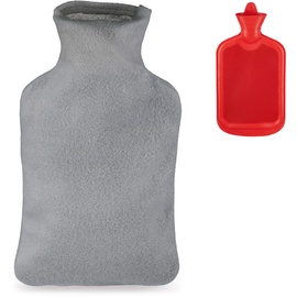 Relaxdays Wärmflasche mit Bezug, Flauschige Kuschelwärmeflasche, 1,5l Bettflasche, geruchsneutraler Naturgummi, grau/rot, 1 Stück