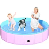 CACSPS Faltbarer Hundepool, 180 x 30 cm Kinderpool aus Hartplastik, rutschfeste Hundebadewanne für den Außenbereich, zusammenklappbarer Hundeschwimmpool für Kinder, Hunde und Haustiere (Rosa)