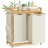 Songmics Wäschekorb 2 Fächern, Wäschesammler, fasst bis zu 100 L, Wäschesortierer, mit Regal, Wäschesack, Seitentaschen, 2 x 50 L, 63 x 33 x 78 cm, cremeweiß RLH100W01
