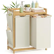 Songmics Wäschekorb 2 Fächern, Wäschesammler, fasst bis zu 100 L, Wäschesortierer, mit Regal, Wäschesack, Seitentaschen, 2 x 50 L, 63 x 33 x 78 cm, cremeweiß RLH100W01
