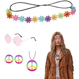 ZHTLTHZ Hippie KostüM Set 5 StüCk, Hippie Brille Damen Herren + Kopfring + Friedenszeichen Halskette + Peace Ohrring, Flower Power Brille Hippie Accessoires Damen Kleidung, 60er 70er Jahre Bekleidung