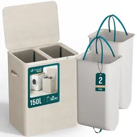 VOUNOT Vounot® Wäschekorb 2 Fächer 150l, Wäschesammler mit Deckel Beige
