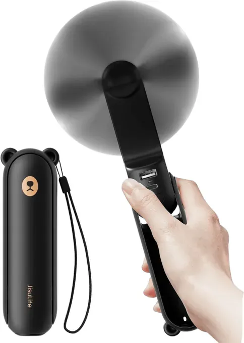 JISULIFE Mini-Handventilator F8X, 4500 mAh Powerbank [max. 37 Std. Laufzeit], Taschentauglich, 3 Geschwindigkeitsstufen, Geschenk für Damen, Herren und Kinder, Schwarz