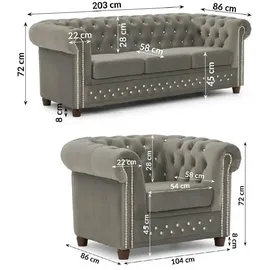 S-Style Chesterfield Polestergarnitur 3+1 Cleo Blink ¦ grau ¦ Maße (cm): B: 203 H: 72