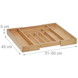 Relaxdays Besteckkasten Ausziehbar 7–9 Fächer 5 x 31-50 x 45 cm Bambus Braun