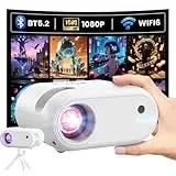 Mini Beamer mit Stativ 1080p WLAN- und Bluetooth-Unterstützung Tragbarer Beamer, Kompatibel mit Smartphone, HDMI, USB, TV-Stick, für Zuhause, Outdoor und Schlafzimmer Projektor, Weiß