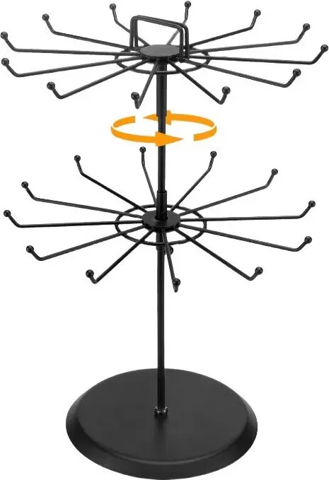 MyGift 2-stufiger schwarzer Metall-Drehständer für Halsketten und Armbänder mit 24 Haken, vielseitiger Accessoire- und Schlüsselanhänger-Drehständer mit Kartenhalter oben
