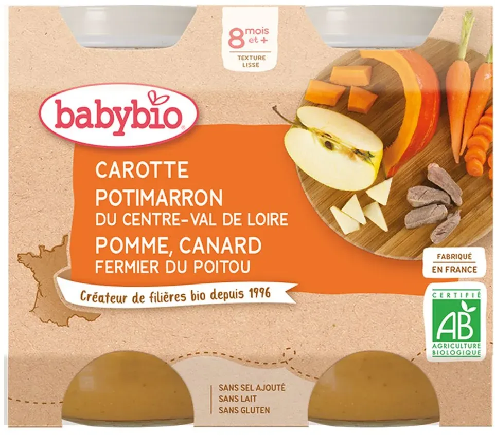 Babybio CAROTTE POTIMARRON DU CENTRE-VAL DE LOIRE POMME CANARD FERMIER DU POITOU dès 8 mois 400 g Aliment