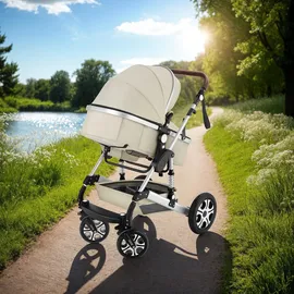 Tectake tectake® Kombi-Kinderwagen, 2 in 1, klappbar, mit 5-Punkt-Gurt, Bremse, Schutzbügel und Handschlaufe, pulverbeschichteter Aluminiumrahmen, pflegeleichter Stoffbezug, für 0 bis 36 Monate geeignet, Belastbarkeit 15 kg