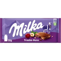 Milka Trauben und Haselnüsse – Alpenmilch-Schokoladentafel mit Haselnussstückchen und Rosinen – 90g (Packung mit 5)