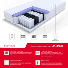 Fdm Mariner Matratze 140x200 cm Taschenfederkern Höhe 23 cm Härtegrad H2 H3 7-Liegezonen Öko-Tex Allergikergeeignet Jersey Bezug Waschbar