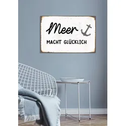 Metallbild QUEENCE "Meer macht glücklich", schwarz (farbe bild(er): schwarz), B:45cm H:30cm, Stahl, Metall, Bilder, Stahlschilder