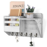 Vintage Schlüsselbrett mit Ablage Holz Wandregal Holz für Schlüsselbrett Organizer mit 6 Schlüsselhaken Dekorative Schlüsselhalter für Schlüsseln Briefen Prospekten Magazin - weiß grau
