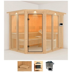 Karibu Sauna Anike 3, BxTxH: 245 x 210 x 202 cm, 68 mm, (Set) 9-kW-Ofen mit externer Steuerung beige