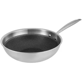 RESTO Kitchenware Wok RESTO KITCHENWARE "Achird tiefe Pfanne aus Tri-Ply (Edelstahl + Aluminium + Edelstahl)", silber (silberfarben), H:7,5cm L:51cm Ø:28cm, Pfannen, Wok, Energieeinsparung 25% durch die dreilagige Basis, ofenfest