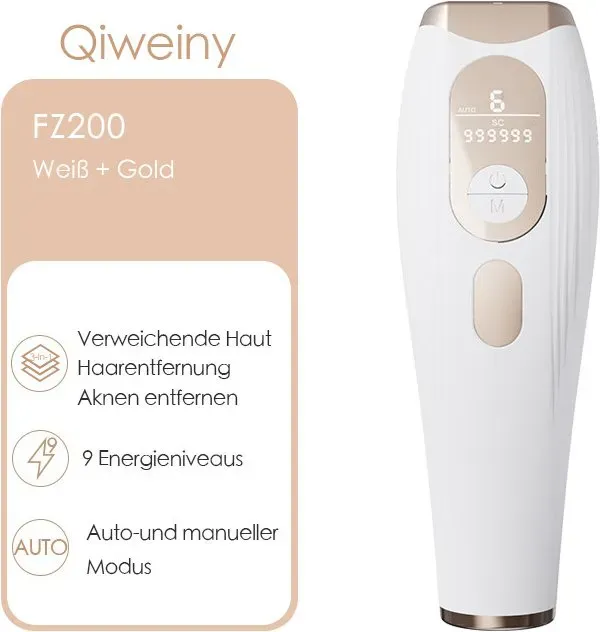 Qiweiny FZ-200A IPL Laser Haarentfernungsgerät Weiß - 9 Energiestufen, 3.0 IPL Rote Lichtwelle, Dauerhafte Enthaarung für Gesicht, Beine, Achseln & Körper, Für Frau & Mann