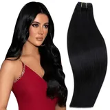 RUNATURE Tressen Echthaar Schwarz 40cm 100g Haarverlängerung Echthaar Tressen Schwarz Glatt Echte Haare Echthaar Tressen Zum Einnähen Schwarz Extensions Farbe #1