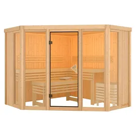 Karibu Sauna Alcinda 2 Superior mit Eckeinstieg 68 mm Ohne Dachkranz Ohne Ofen