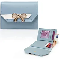 FuninCrea Geldbörse Damen Klein Portemonnaie Damen mit Schleife, Geldbeutel Damen Klein Damen Geldbörse Leder Portmonee Damen Bifold Damen Portemonnaie mit ID-Fenster und 4 Kartenschlitze (Blau)