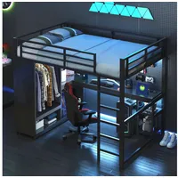 REDOM Hochbett Funktionsbett,Gästebett,Kinderbett (Metall-Gaming-Hochbett mit LED, Schreibtisch, Kleiderschrank und Ablagefächern)
