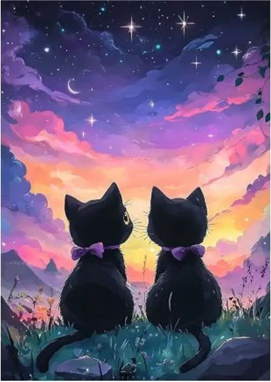 JU7CER 5D Diamant-Malset - Sternenhimmel-Katze für Erwachsene | DIY-Malset für Erwachsene | Wanddekoration für Zuhause 30×40cm