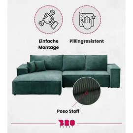 bromarkt Ecksofa Pablo Schlaffunktion Bettkasten L-Form 294x185x85cm Grün Links | Grün