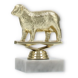 Pokal Kunststofffigur Schaf gold auf weißem Marmorsockel 10,8cm