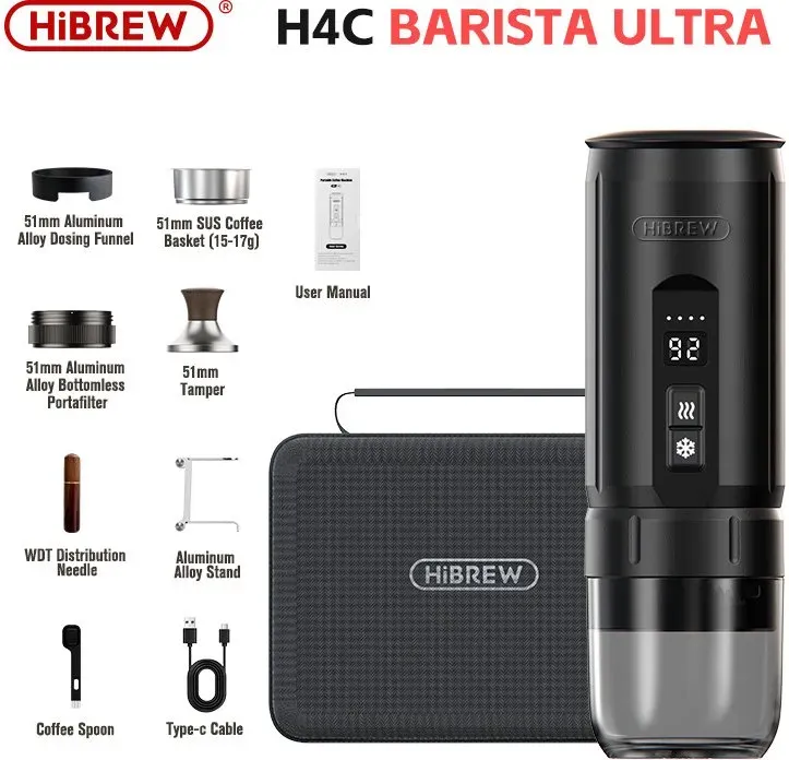 HiBREW H4C Ultra Portable Espresso Maker, Wireless Heating, 20-Bar, 100ml Water Tank, Detachable Battery - Black