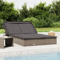 IKAYAA Doppelliege Outdoor 2 Personen Doppel Gartenliege mit Sonnendach Rattan Sonnenliege Sonnenbett Loungebett Gartenbett mit Auflage Liege Outdoor Rattanliege Liegestuhl Garten Grau