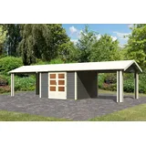 Woodfeeling Karibu Gartenhaus Theres 7 inkl. 2 Dachausbauelementen - 28 mm-304 x 304 cm- terragrau 50% Aktions-Rabatt auf Dacheindeckung & gratis Gartenhaus-Pflegebox