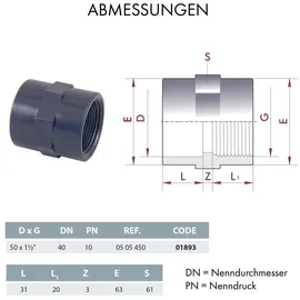 Powerhaus24 PVC Klebemuffe D 50 mm auf 1 1/2 Zoll IG,